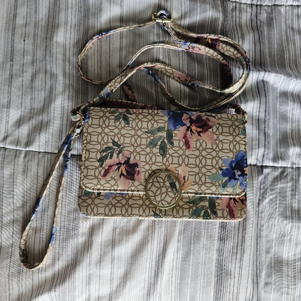 Floral Wristlet Crossbody Bag with Gold Accents